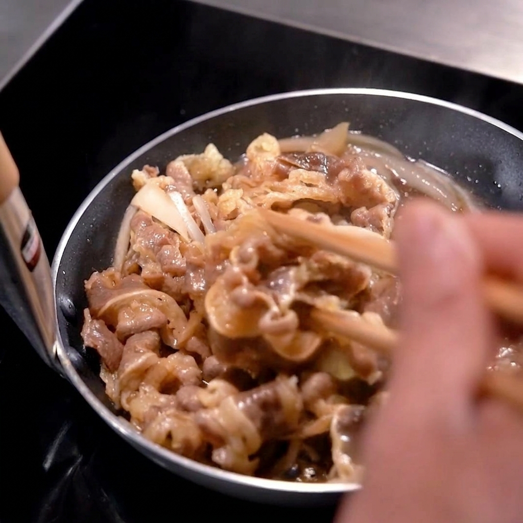 Tranches de bœuf et oignons remués dans une poêle alors quune sauce sombre et brillante bouillonne tout autour.