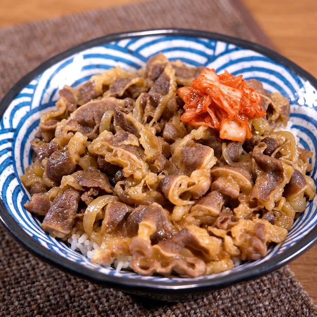 Un bol de bœuf et de riz garni dune portion de kimchi rouge vif à laide de baguettes.