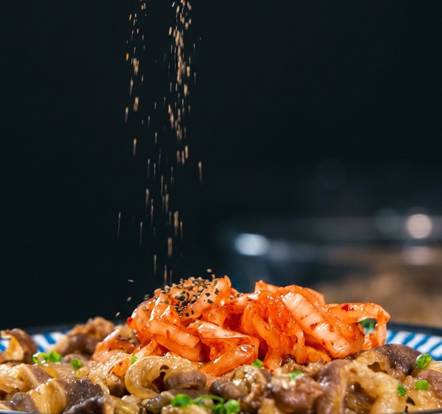 Une main saupoudrant des graines de sésame noires et blanches sur un bol de bœuf japonais surmonté de kimchi.