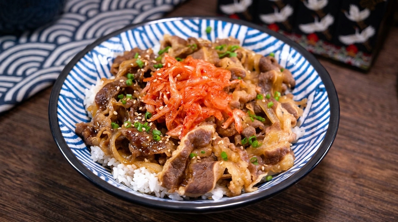 Bol de riz au bœuf barbecue et kimchi (Yakiniku-don japonais)