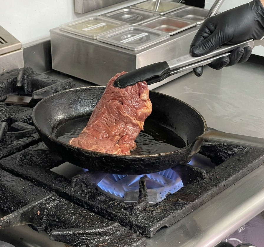 Une pince déposant un morceau de bœuf cru mariné dans une poêle en fonte chaude et huilée.