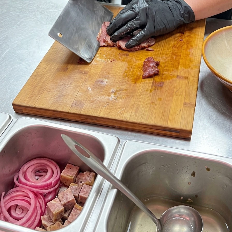 Des mains gantées utilisant un couperet pour trancher un steak de bœuf saisi en fines lamelles saignantes sur une planche en bois.
