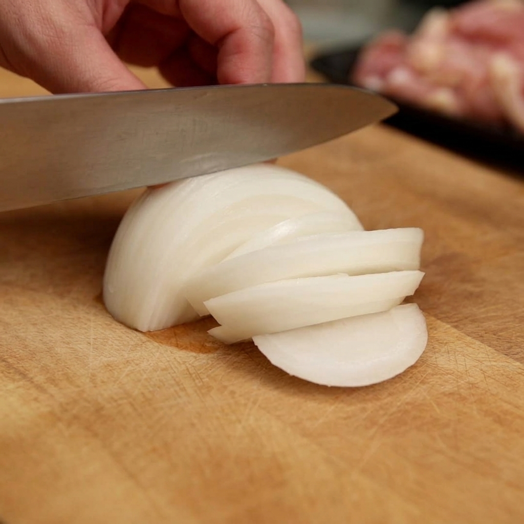 Un couteau de chef éminçant finement un oignon blanc sur une planche à découper en bois.