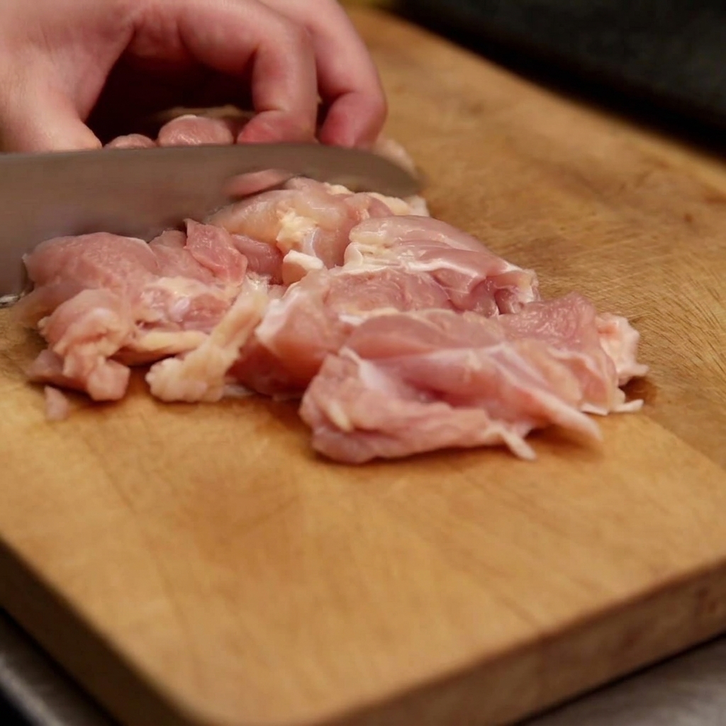 Gros plan sur des hauts de cuisse de poulet coupés en morceaux réguliers sur une planche en bois.