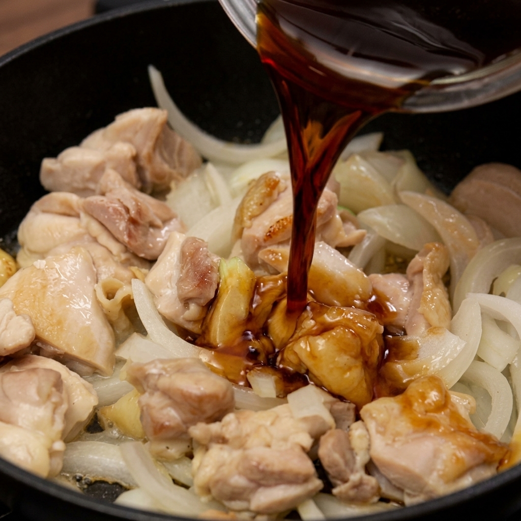 Une sauce sombre à base de soja versée sur le mélange de poulet et doignons fondants dans la poêle.