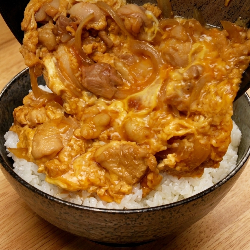 La préparation fondante aux œufs et poulet glissant délicatement de la poêle sur un bol de riz blanc bien chaud.