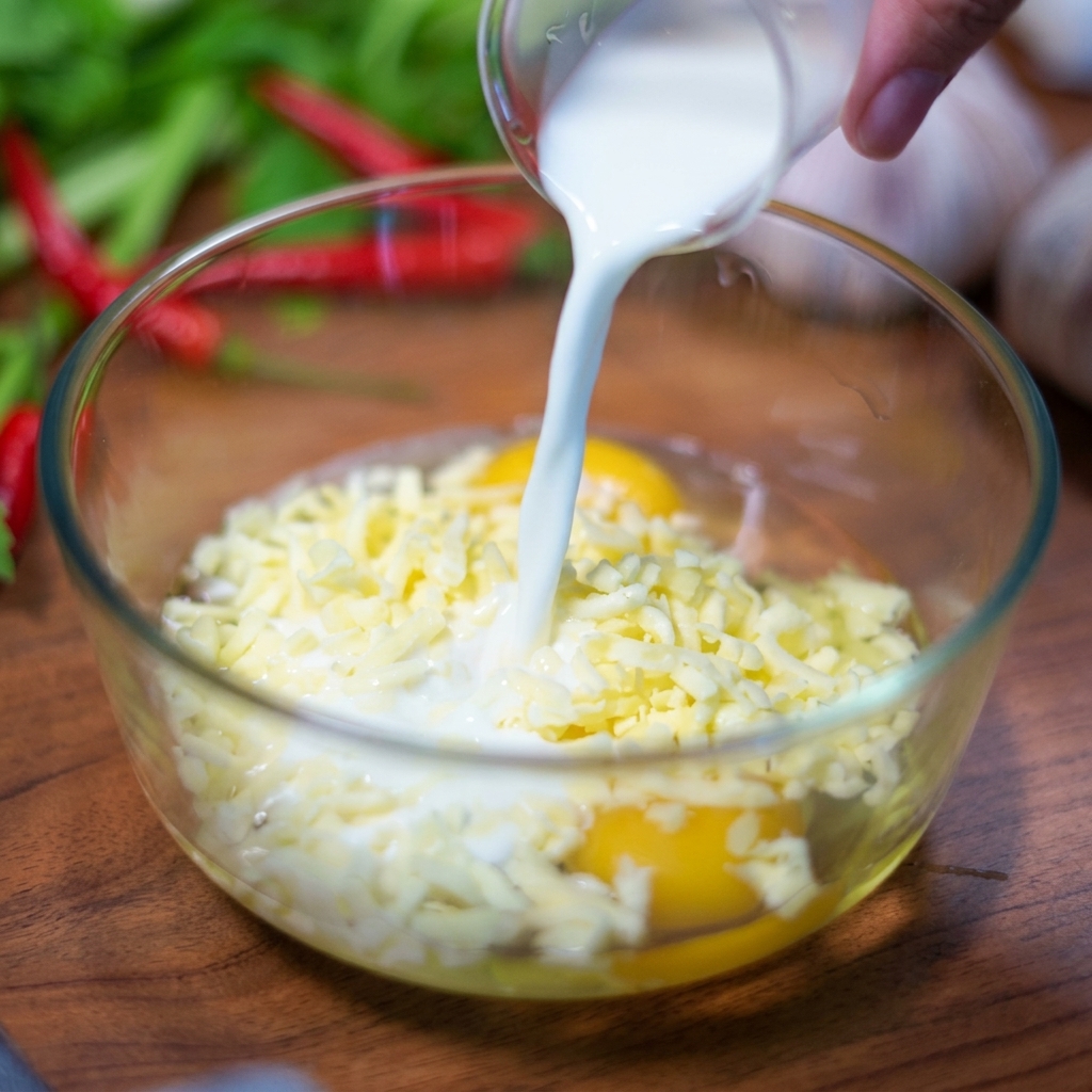 Lait versé depuis un petit pichet en verre dans un bol contenant les œufs crus et une poignée de fromage râpé clair.