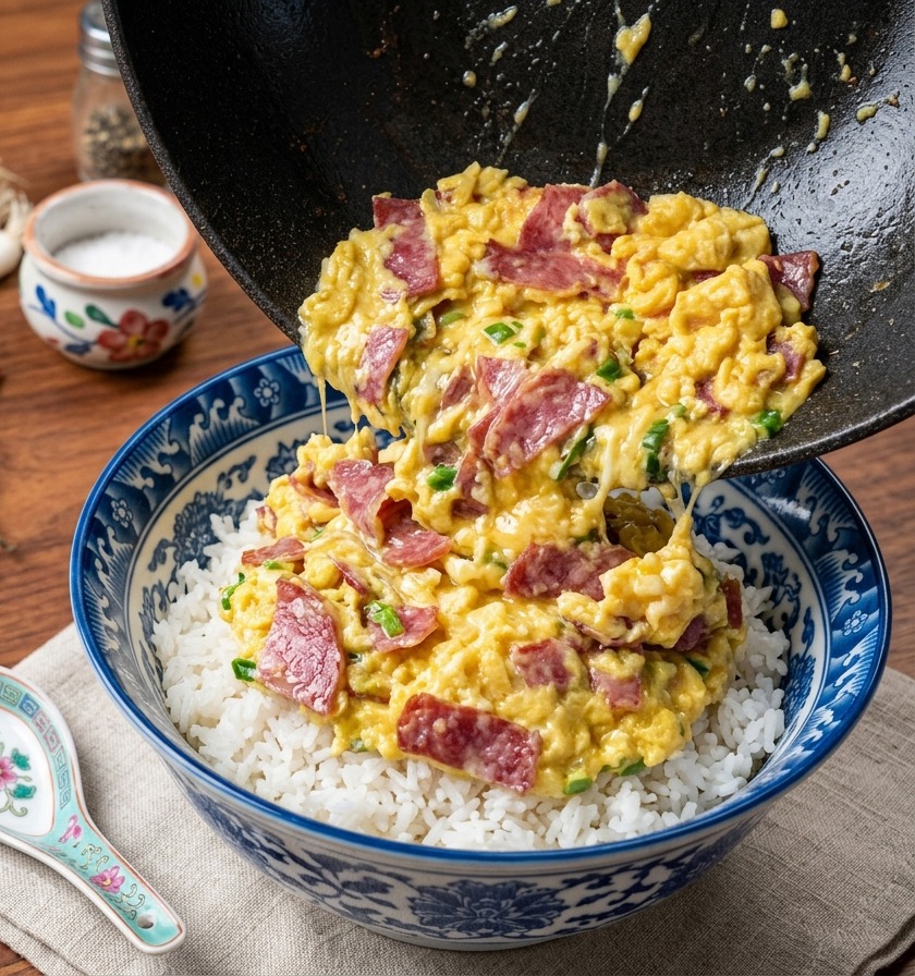 Une poêle inclinée pour faire glisser les œufs brouillés jaunes et le bacon sur un bol de riz blanc fumant.