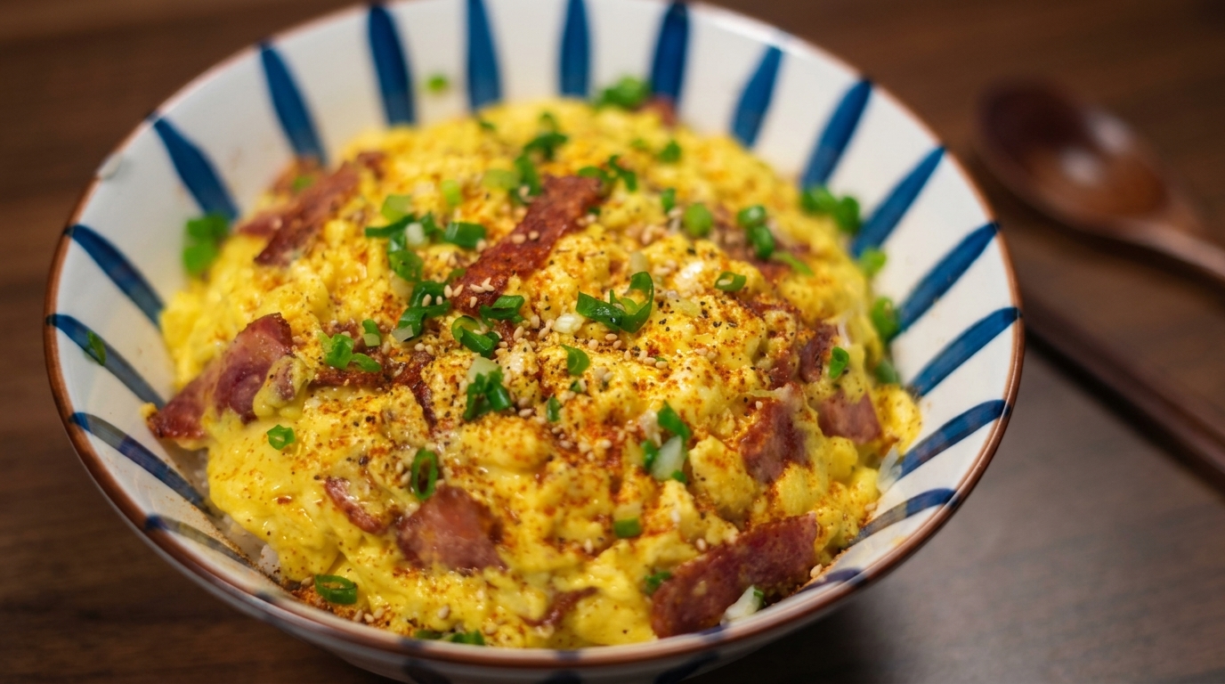Bol de riz savoureux au bacon et aux œufs
