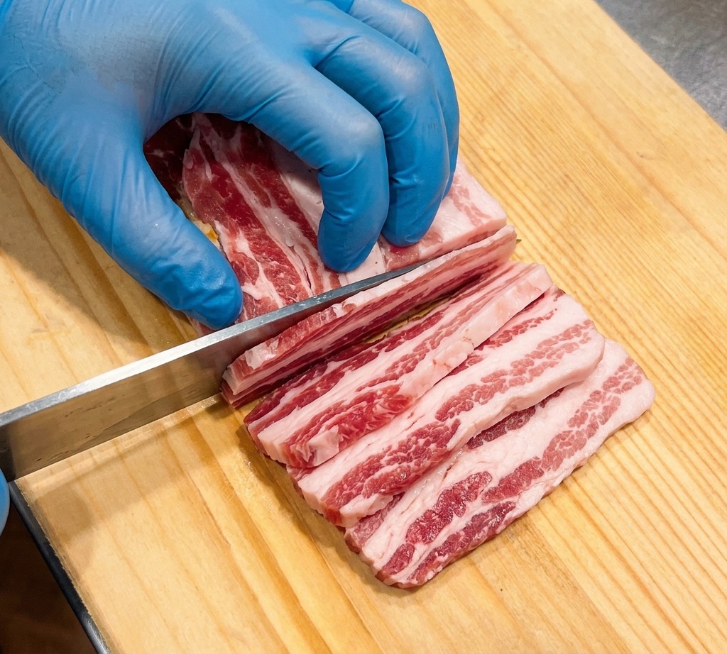 Une personne portant des gants bleus coupe de la poitrine de porc crue en fines lanières avec un couteau de chef sur une planche en bois claire.