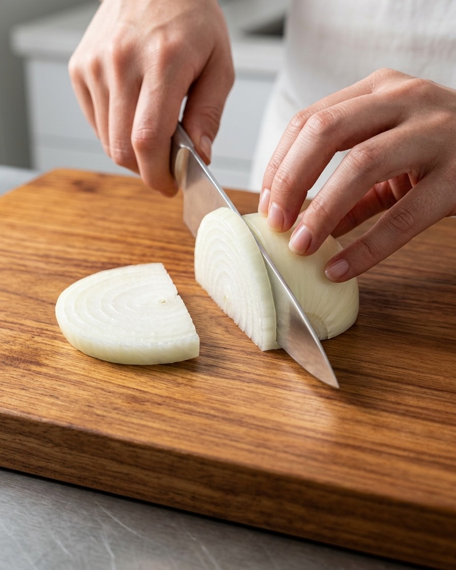 Une personne éminçant un oignon blanc avec un couteau de chef sur une planche à découper en bois.