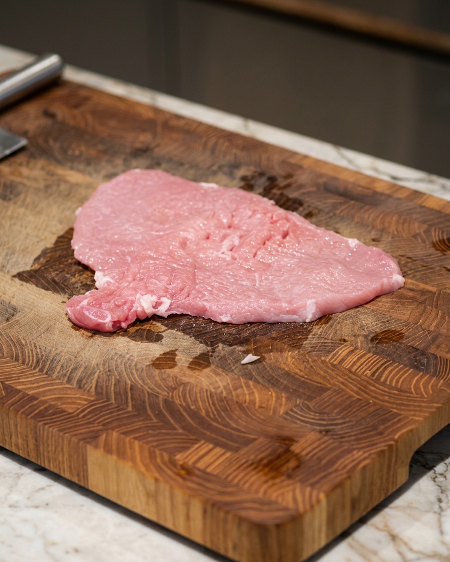 Une fine escalope de porc rose cru reposant sur une planche en bois, parsemée de grains de sel et de poivre.