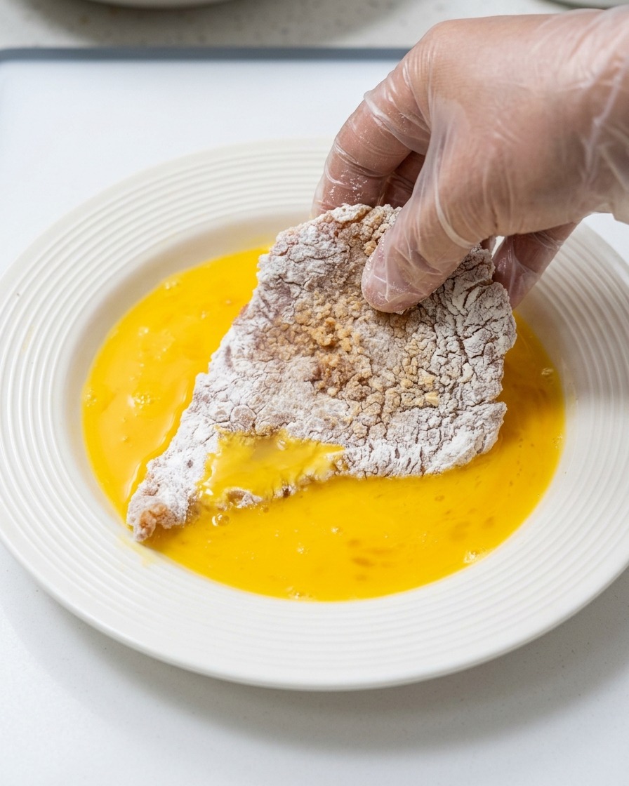 Une main trempant une escalope de porc enrobée de fécule dans une assiette blanche remplie dœuf battu.