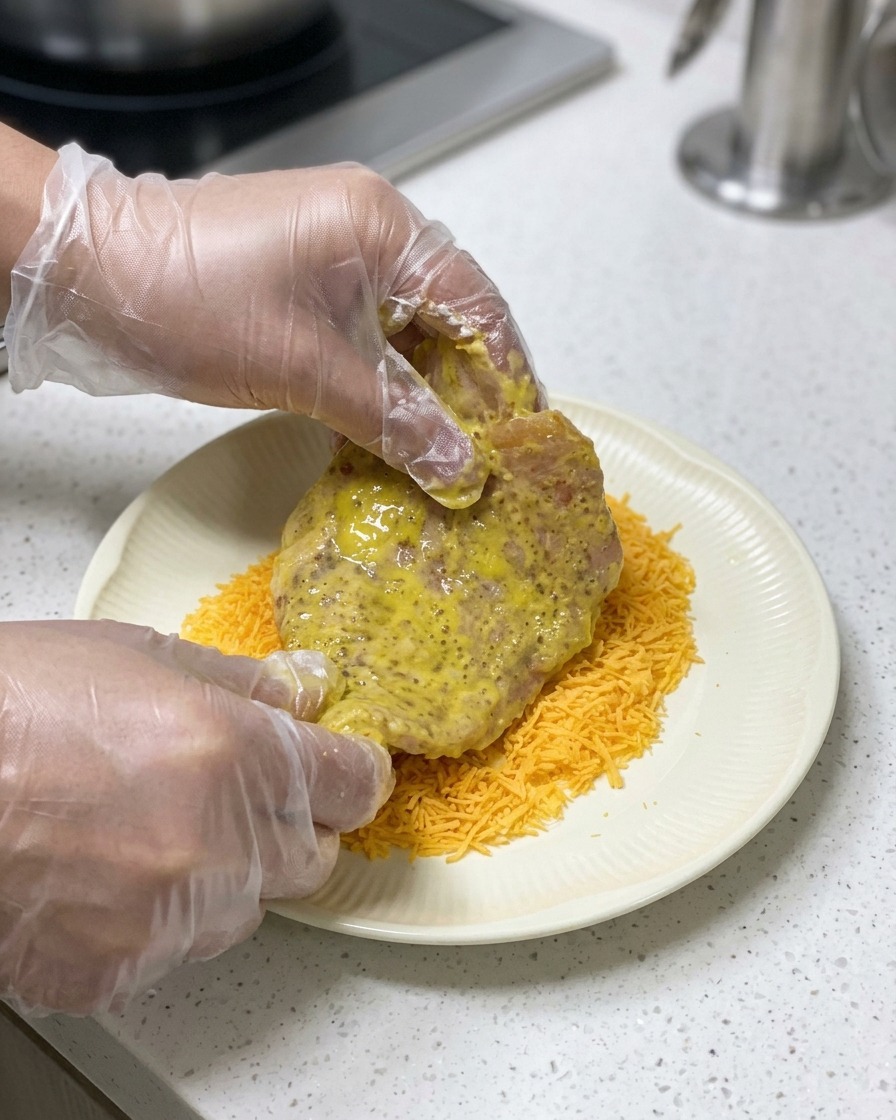 Des mains avec des gants en plastique pressant une escalope de porc trempée dans lœuf dans une assiette de chapelure dorée.
