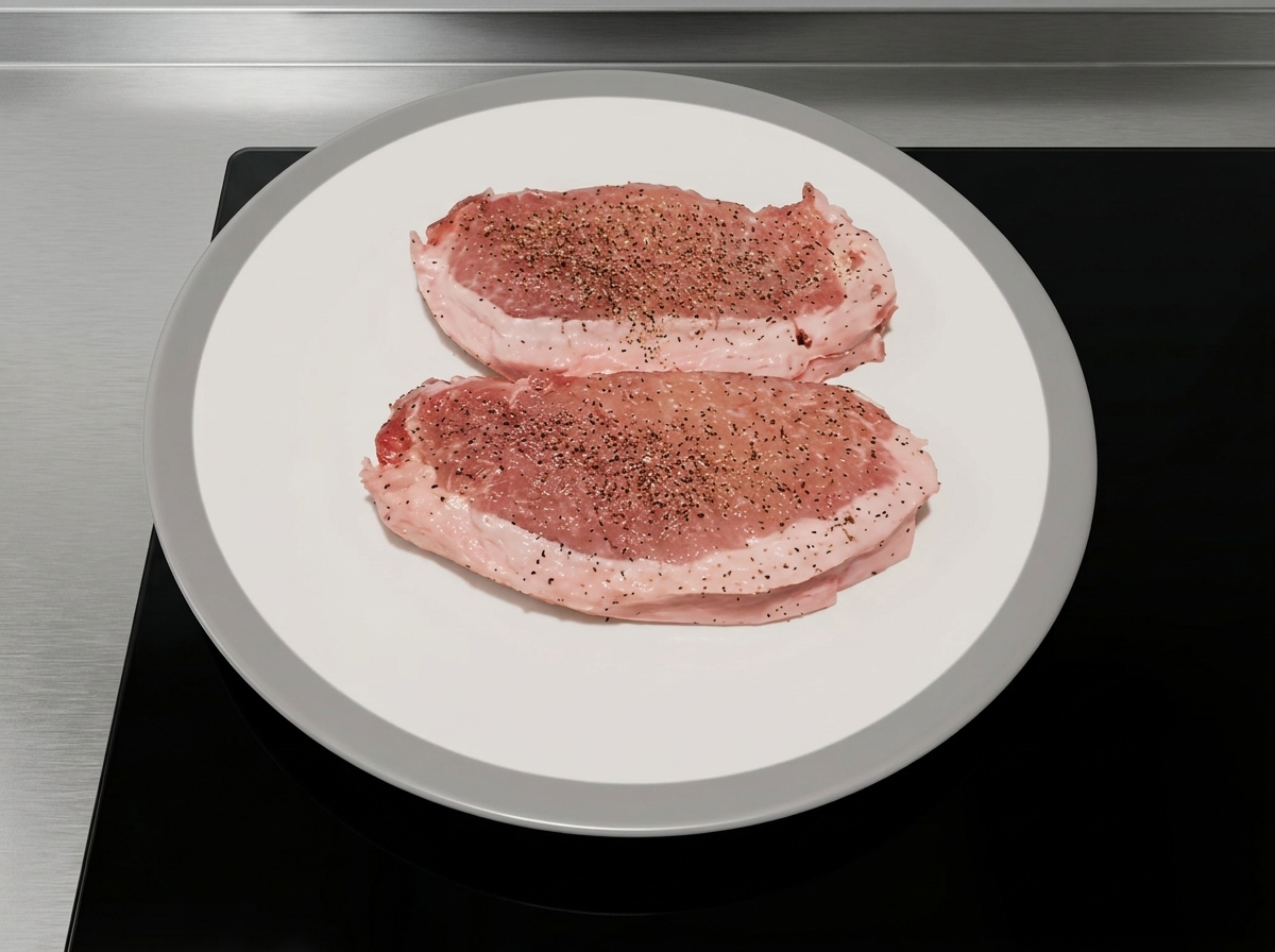 Deux côtes de porc épaisses crues généreusement assaisonnées de poivre noir fraîchement moulu sur une assiette blanche propre.