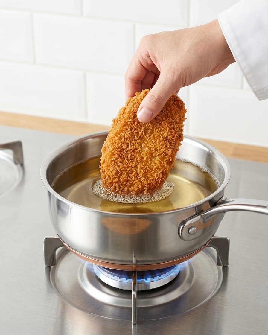 Une main plongeant délicatement une côte de porc panée au panko bien dorée dans une marmite en acier inoxydable remplie dhuile de friture chaude.