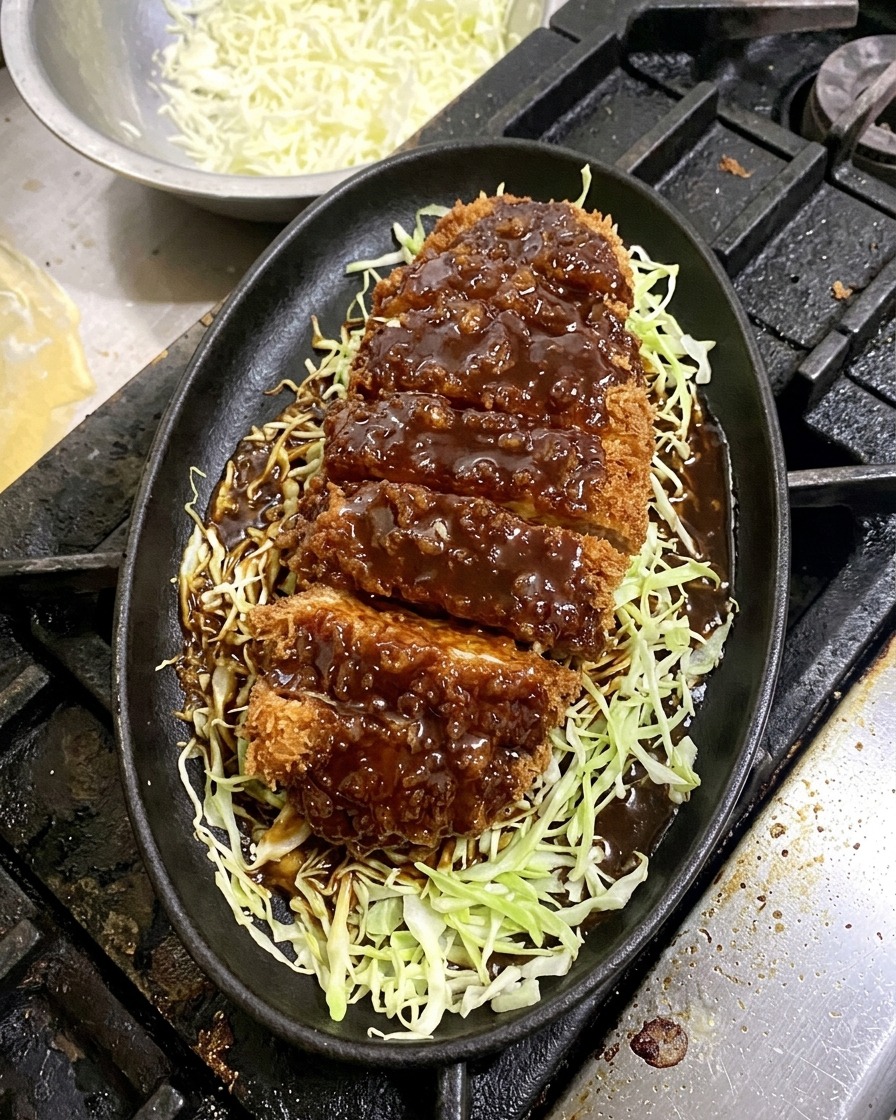 Une côte de porc panée et tranchée reposant sur du chou émincé dans une poêle en fonte ovale, partiellement recouverte dune sauce miso marron foncé et épaisse.
