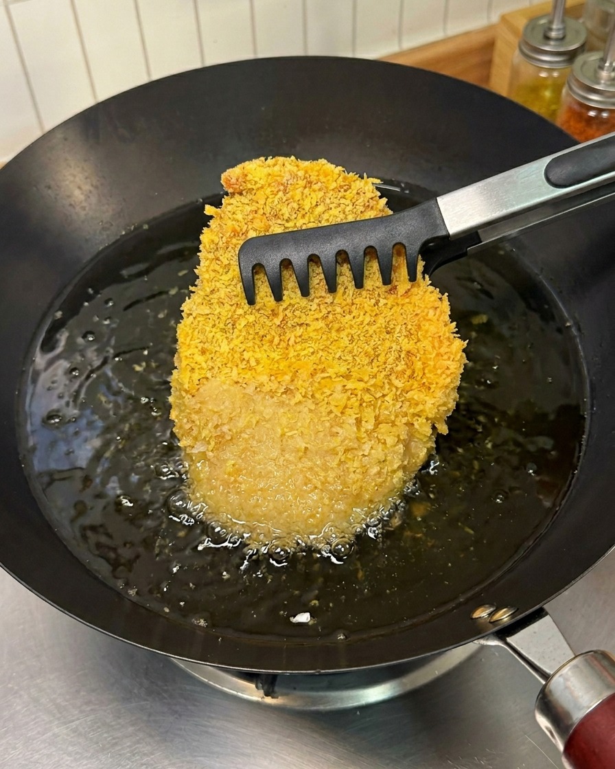 Une côtelette de porc panée plongée dans un wok dhuile chaude bouillonnante à laide dune pince de cuisine.