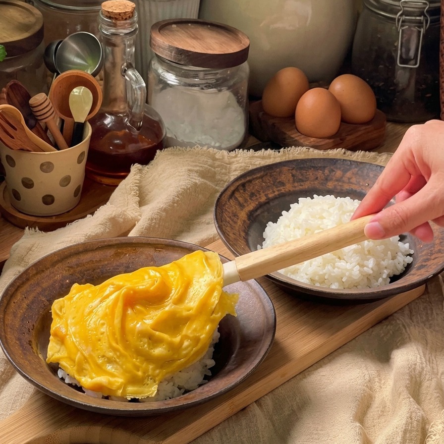 Une omelette dorée en forme de tornade déposée délicatement sur un bol de riz blanc à laide dune spatule.