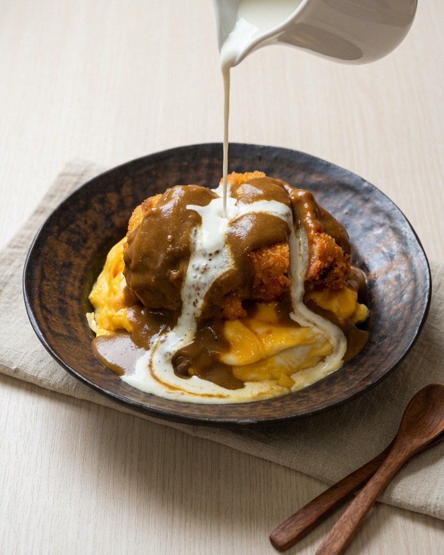 Un fin filet de sauce blanche au fromage et au coco versé depuis un pichet en céramique blanche sur le porc pané déjà nappé de curry brun.