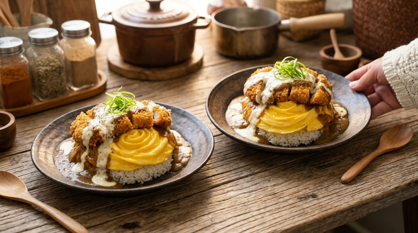 Riz au Porc Katsu et Curry Cascade, Omelette Tornade et Latte à la Banane