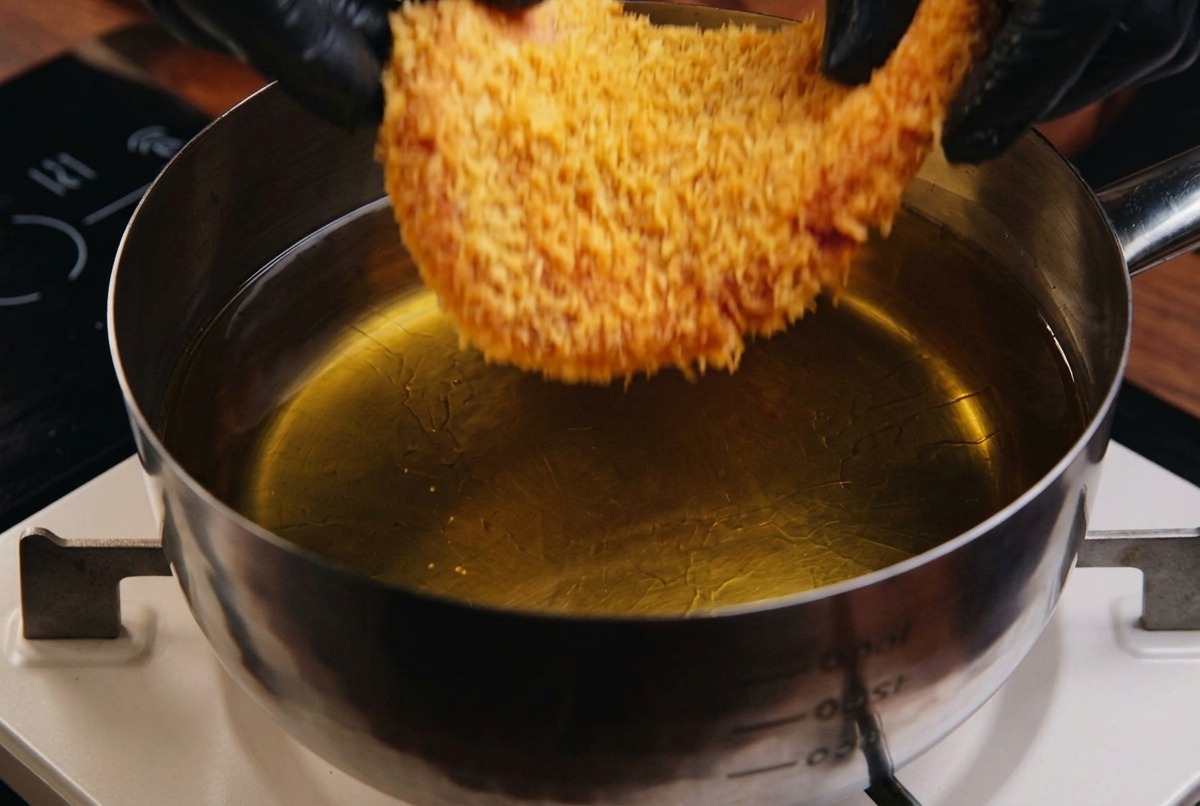 Un porc pané au panko plongé délicatement dans une casserole dhuile chaude et claire avec des mains gantées.