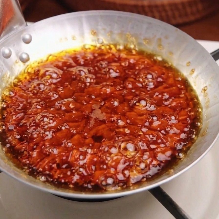 Des oignons blancs émincés bouillonnant dans une sauce dashi savoureuse brun foncé dans une poêle en métal.