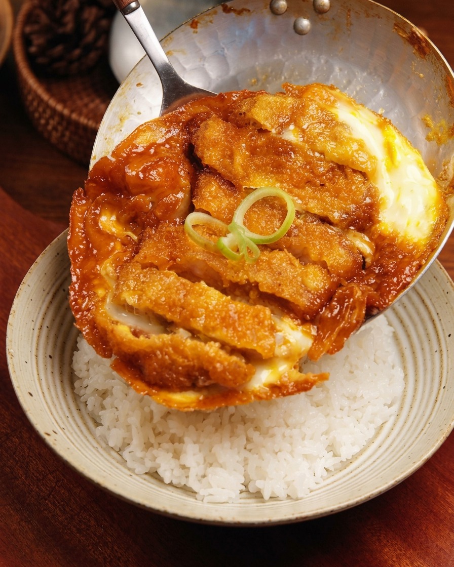 Le katsudon terminé versé dune poêle sur un bol en céramique rempli de riz blanc, montrant les œufs dorés et la viande tranchée.