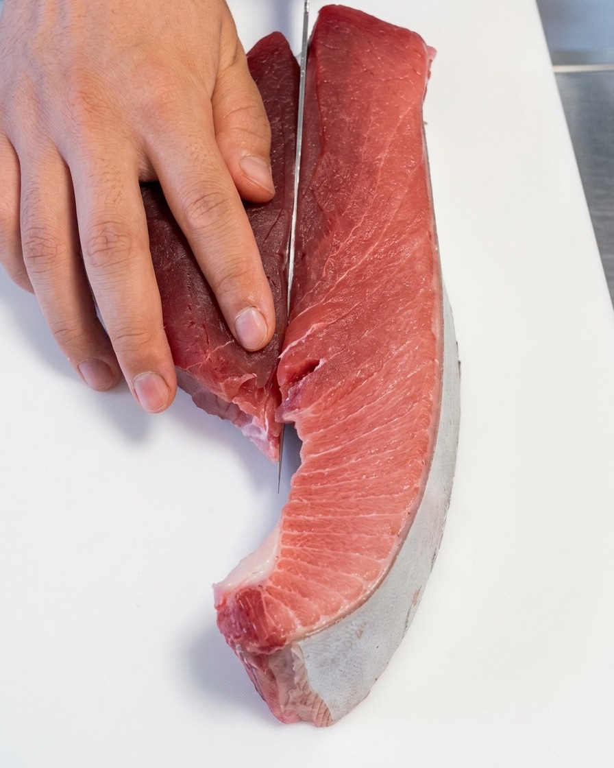 La main dun chef utilisant un couteau fin pour trancher un gros morceau de thon cru, séparant la ligne de sang rouge foncé de la chair rose plus claire.