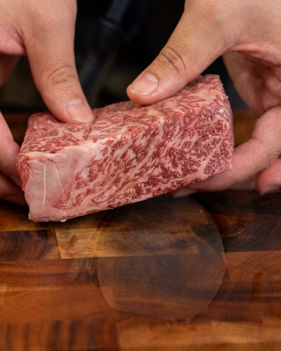 Un gros plan de mains tenant une coupe épaisse de steak de bœuf persillé cru pour montrer son épaisseur et ses jolis motifs de gras.