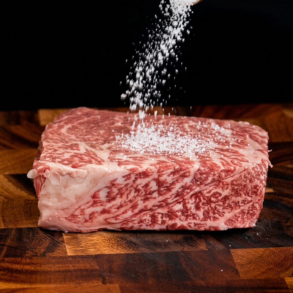 Des flocons de sel de mer gros grain saupoudrés généreusement sur un steak de bœuf persillé cru sur une planche en bois.