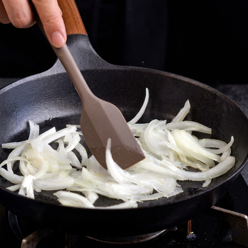 Oignons blancs émincés sautés avec une spatule marron dans une poêle en fonte chaude.