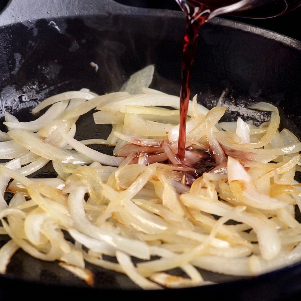 Verser un filet de vin rouge dans une poêle doignons blancs sautés pour commencer le processus de caramélisation.