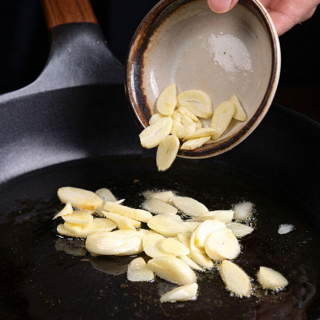Glisser des lamelles dail cru dun petit bol vers une poêle chaude contenant de lhuile pour les faire frire.