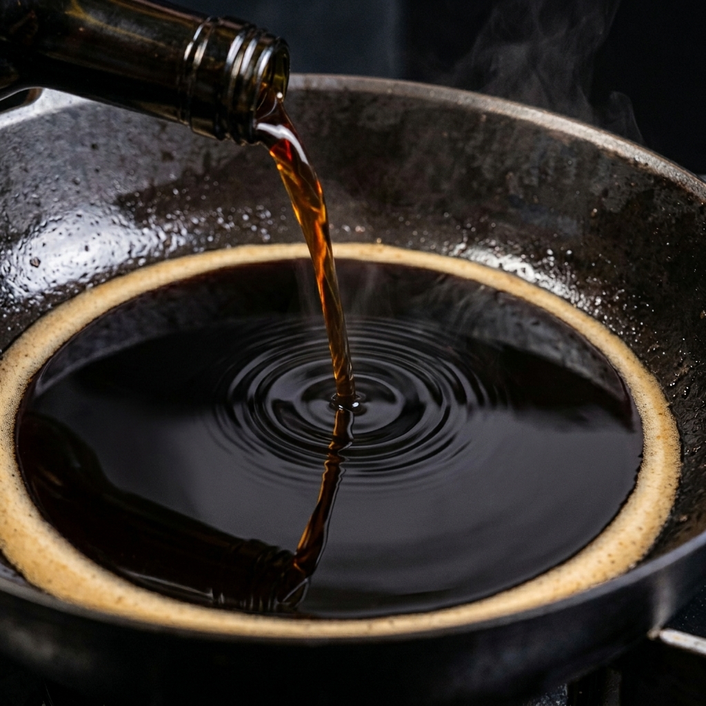 Une sauce liquide sombre versée dune bouteille dans une poêle noire, créant de petites ondulations à la surface du liquide déjà présent.