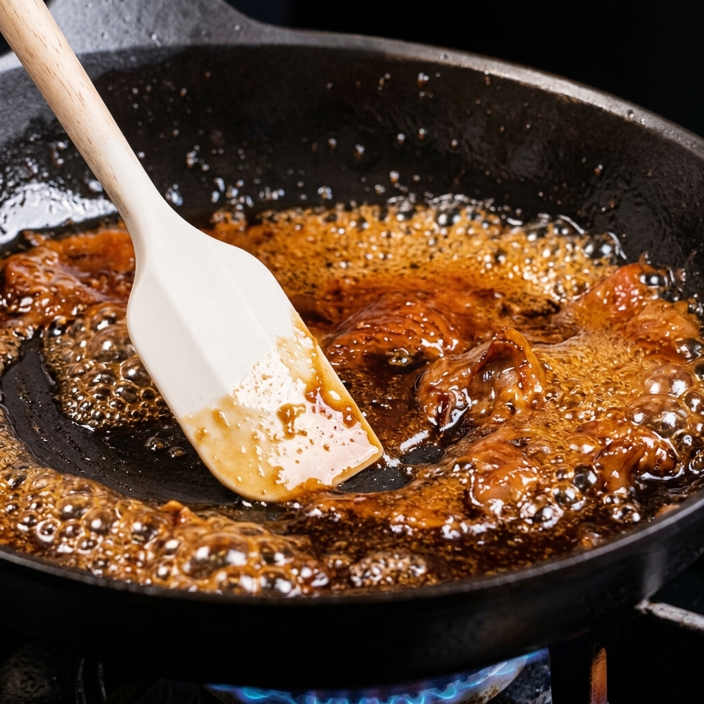 Une sauce brune épaisse et bouillonnante qui mijote dans une poêle noire, remuée à laide dune spatule en silicone blanche.
