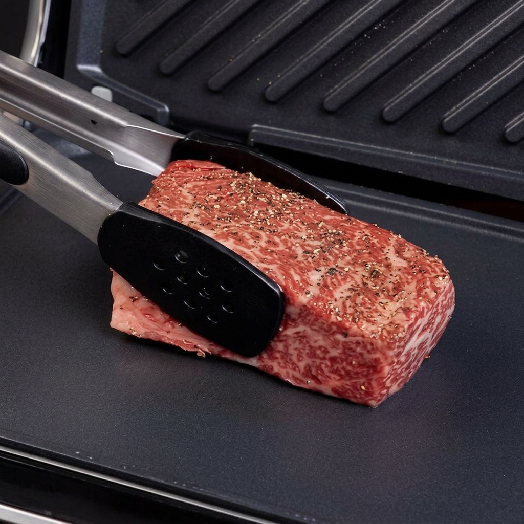 Un steak de bœuf persillé épais assaisonné de poivre noir déposé sur la plaque dun gril électrique gris foncé à laide de pinces métalliques.