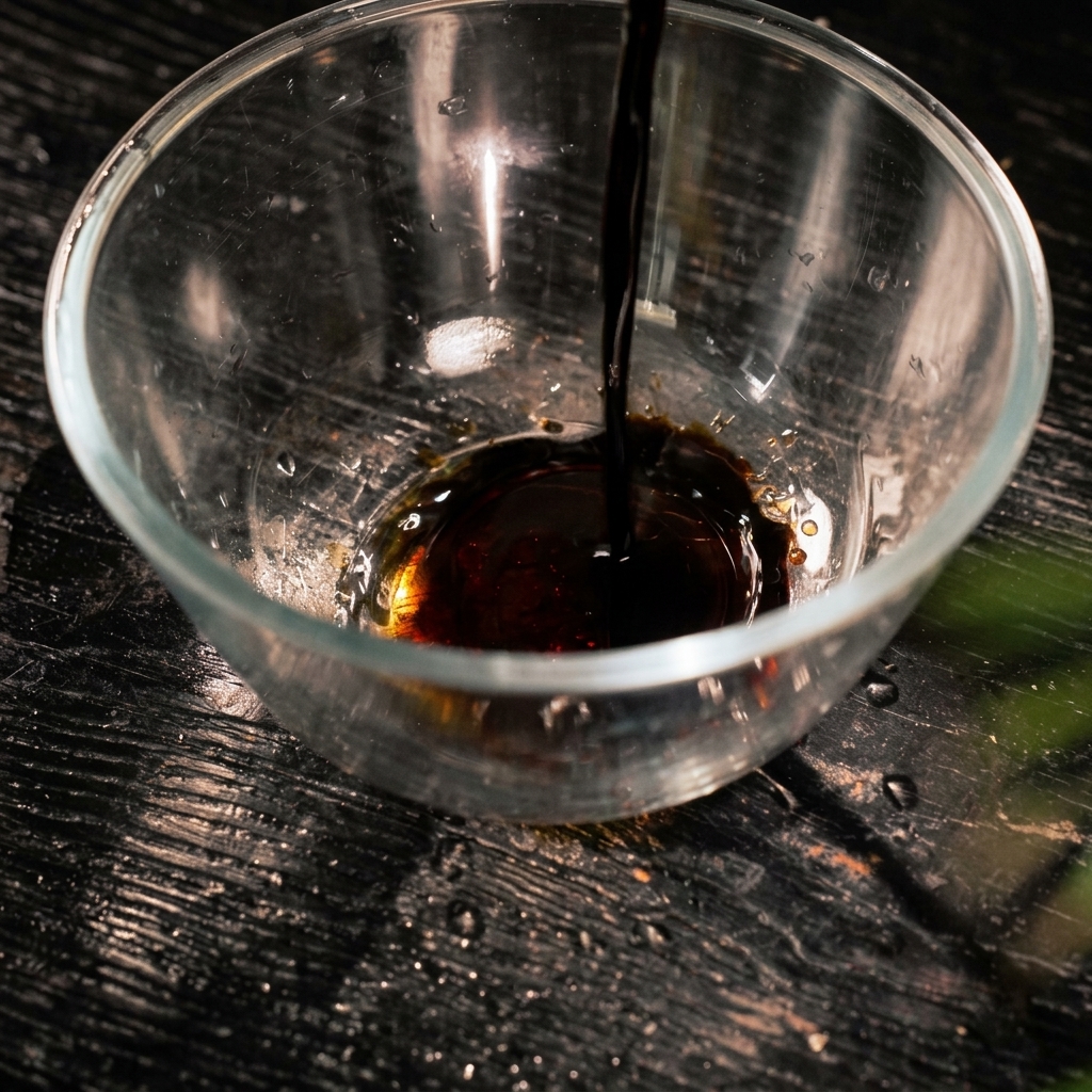 Un filet de sauce soja foncée versé dans un bol en verre transparent posé sur une surface en bois sombre.