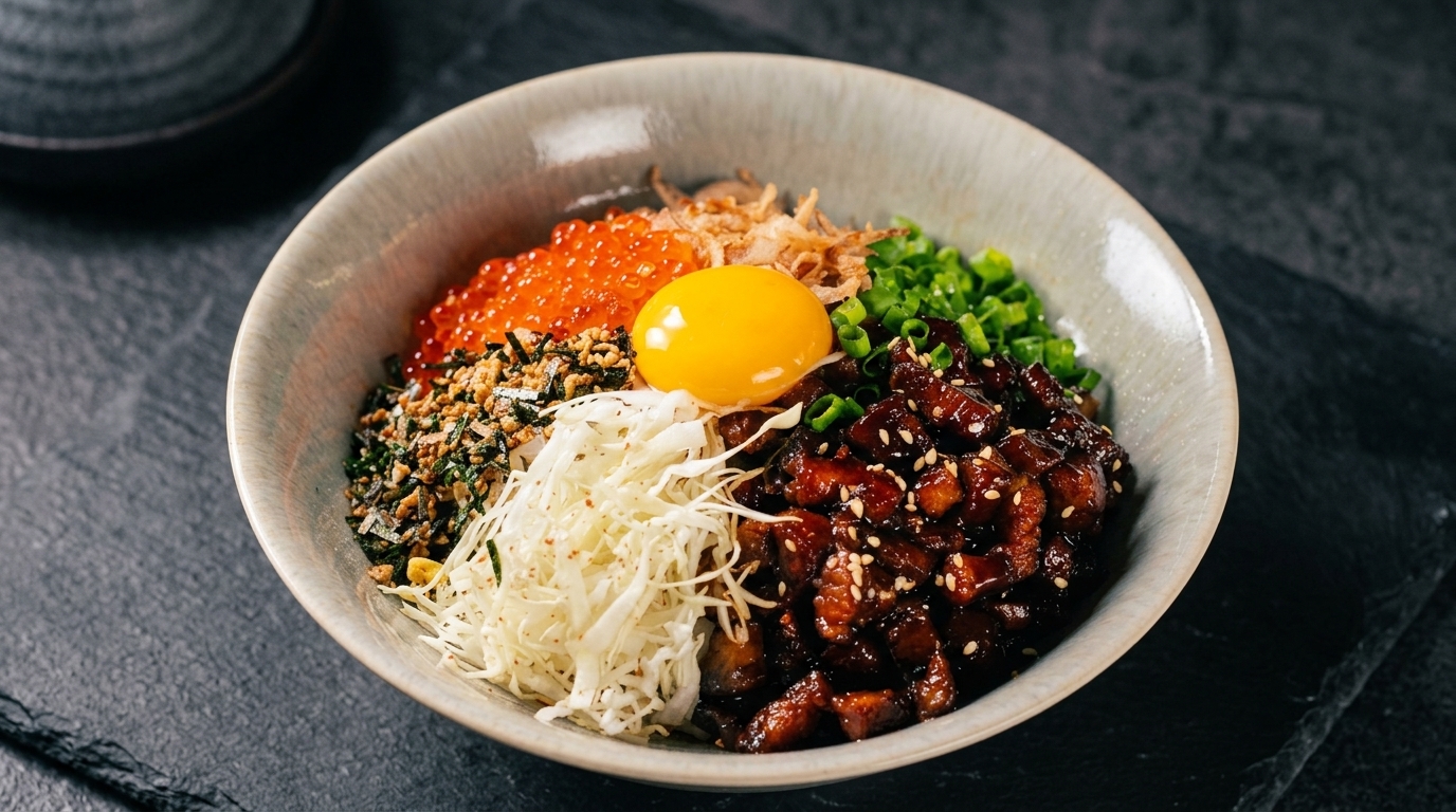 Donburi de Porc Mariné Or Noir (Riz à la Poitrine de Porc Braisée)
