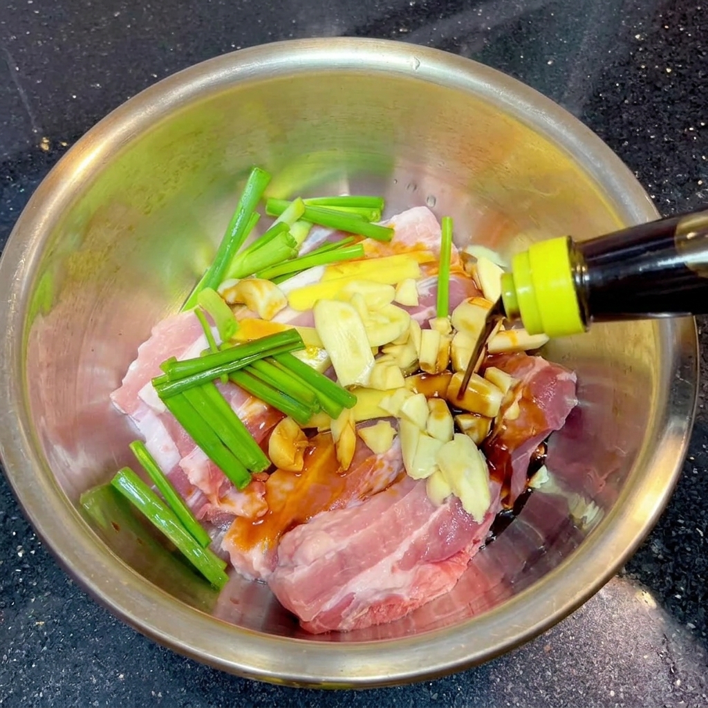 Liquide foncé versé depuis une bouteille au bouchon jaune sur des tranches de poitrine de porc crue mélangées à des morceaux doignons verts et daromates émincés.