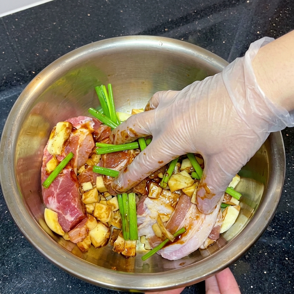 Une main portant un gant en plastique transparent pressant des oignons verts et des tranches de poitrine de porc sombres marinées ensemble dans un bol en acier inoxydable.