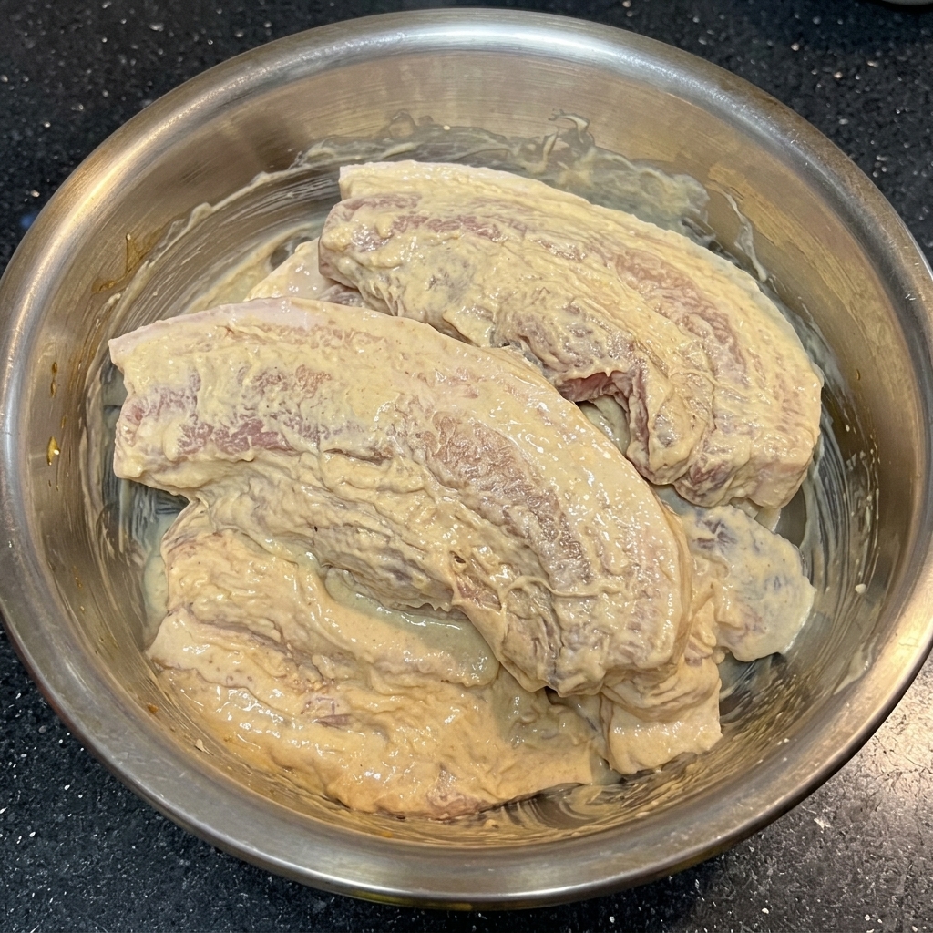Tranches de poitrine de porc complètement enrobées dune pâte épaisse, crémeuse et de couleur claire à lintérieur dun bol mélangeur en métal.