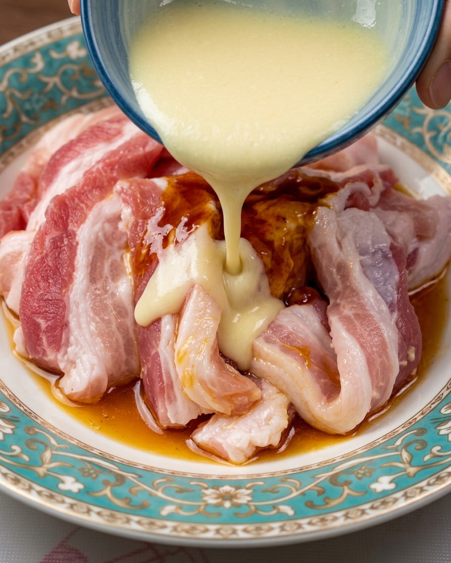 Liquide dail blanc crémeux versé depuis un bol bleu sur des tranches de poitrine de porc assaisonnées.