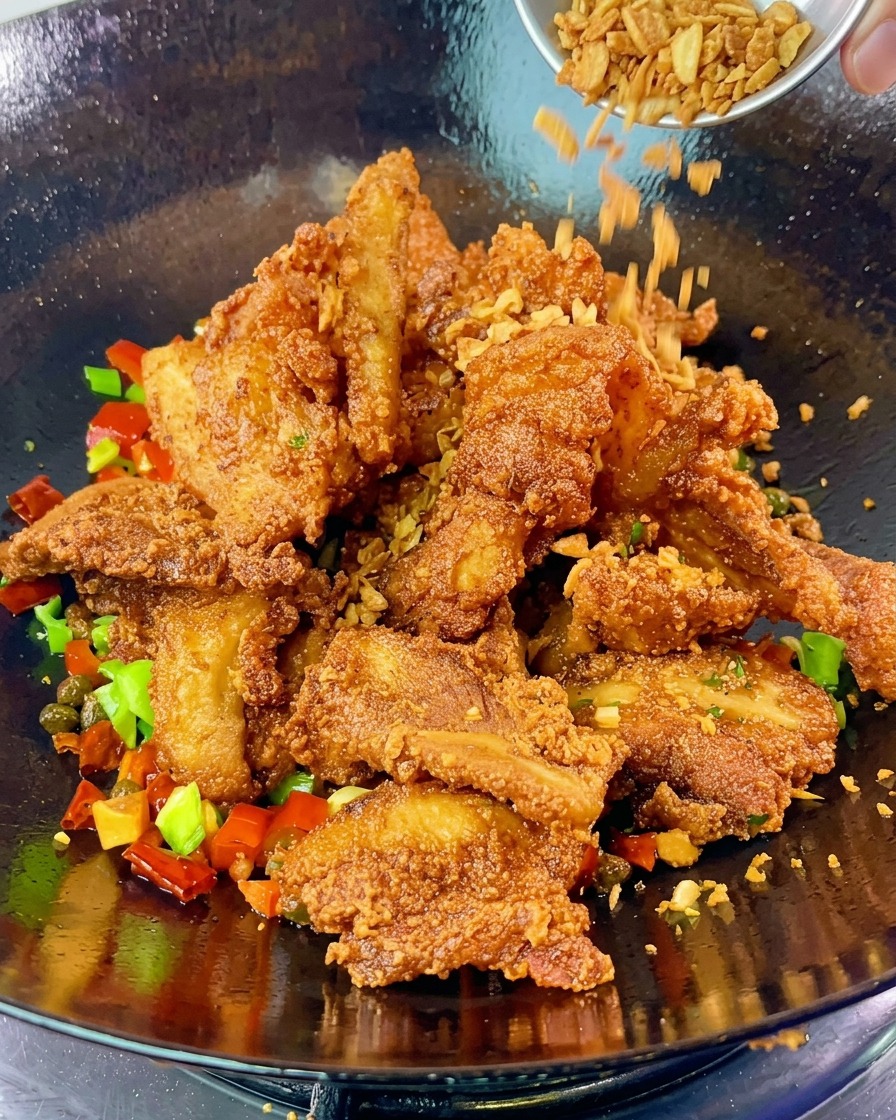 Ail frit croustillant versé sur un tas de tranches de poitrine de porc dorées dans un wok contenant des poivrons et des piments sautés.