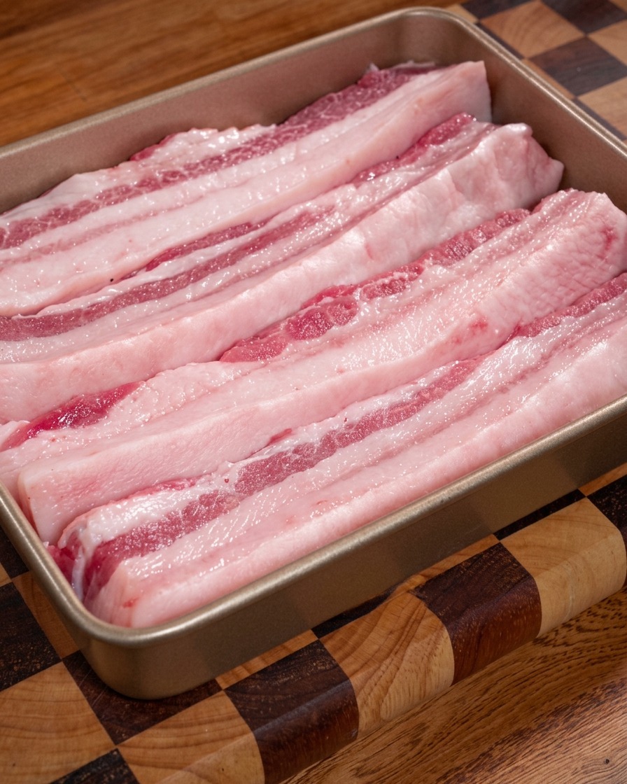 Plusieurs longues bandes de poitrine de porc crue, montrant de belles couches alternées de viande rosée et de gras blanc, disposées dans un plat métallique.