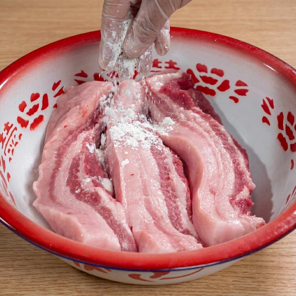 Une main gantée saupoudrant de la farine blanche sur des morceaux de poitrine de porc crue dans un grand récipient en émail.