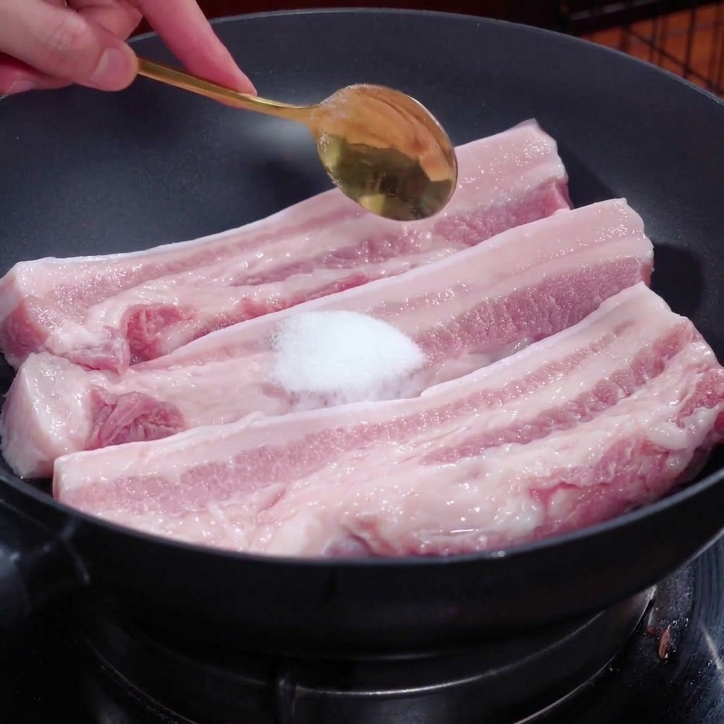 Une cuillère dorée versant du sel sur les morceaux de poitrine de porc déposés dans une sauteuse noire.