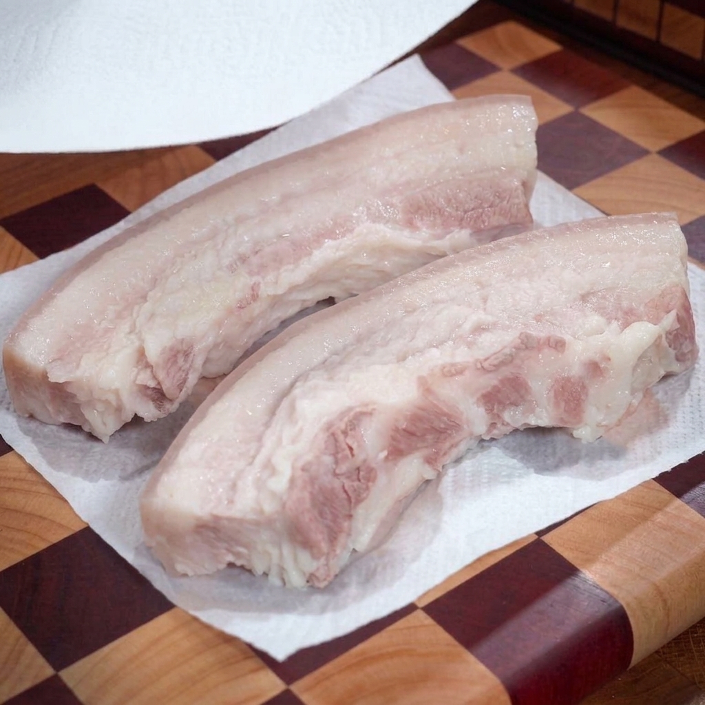Deux bandes de poitrine de porc bouillies posées sur du papier absorbant sur une planche à découper, en train dêtre séchées.