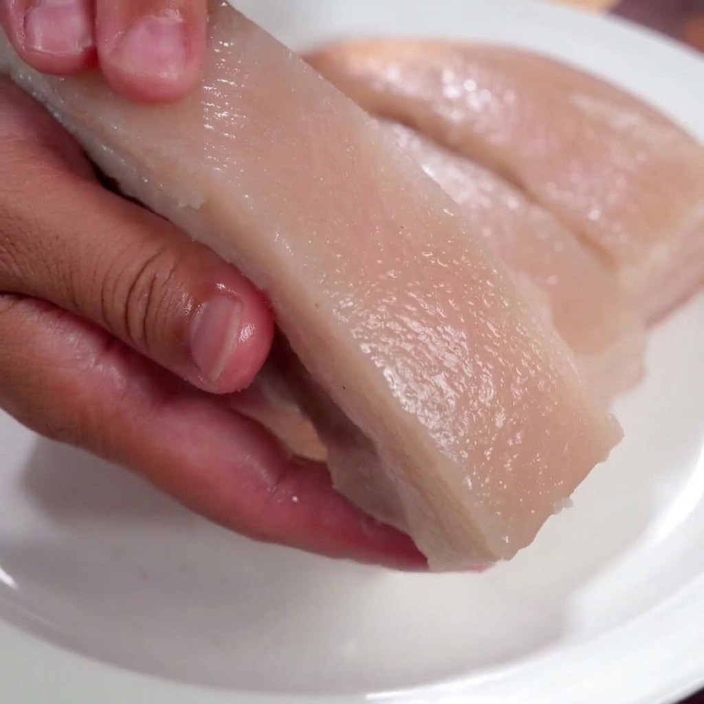 Gros plan sur une main frottant du sel et appliquant du vinaigre blanc sur la peau dun morceau de poitrine de porc bouillie.