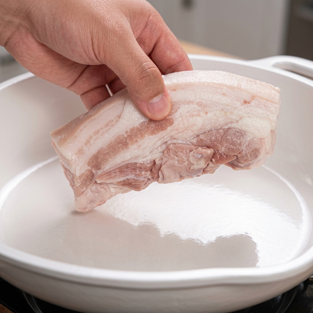 Une main déposant une épaisse bande de poitrine de porc assaisonnée dans une poêle blanche sans aucune matière grasse.